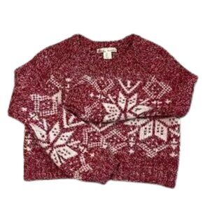 Kaisely Red and White Patterned Winter Snowflake Cropped Sweater - Size S